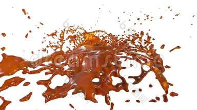 喷泉橙汁3D白色背景与阿尔法通道使用阿尔法面具。 有漩涡液体的喷泉顶部